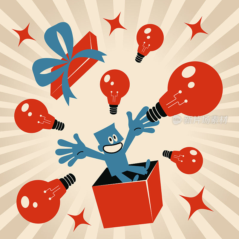 Smiling blue man showing up from an open gift box and giving lots of idea light bulbs. Imagination is truly a gift